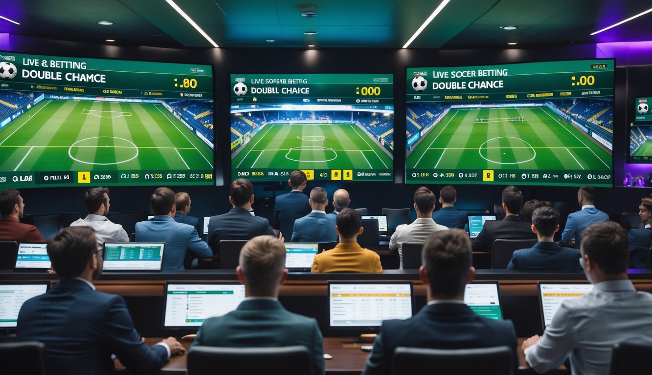 Beberapa orang menonton pertandingan sepak bola secara langsung di ruang taruhan dengan layar besar yang menampilkan pertandingan dan peluang taruhan.