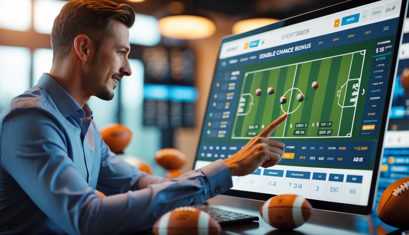 Seorang pria menggunakan layar sentuh digital untuk memasang taruhan bola dengan tampilan antarmuka taruhan olahraga dan bola sepak di latar belakang.