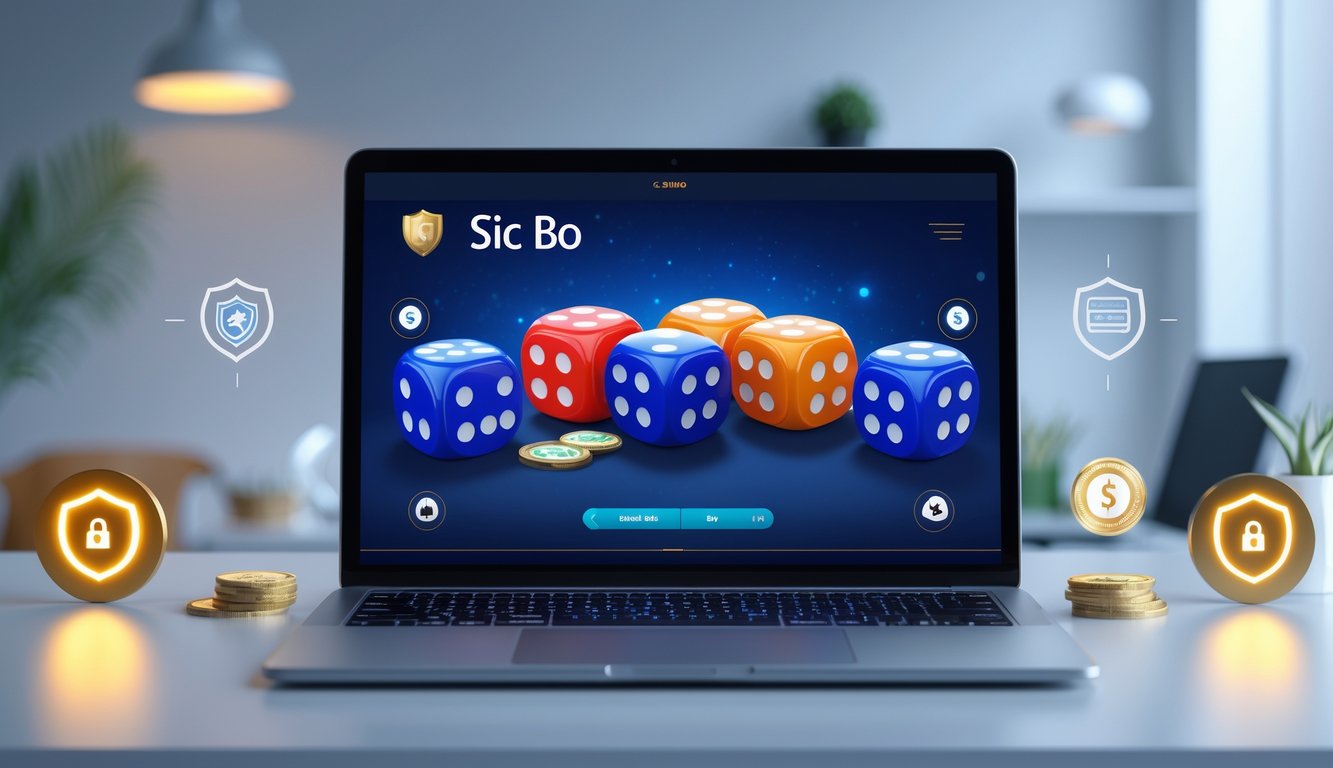 Sebuah laptop menampilkan permainan Sic Bo online dengan dadu berwarna cerah sedang bergulir, di atas meja kerja yang rapi dan pencahayaan lembut.