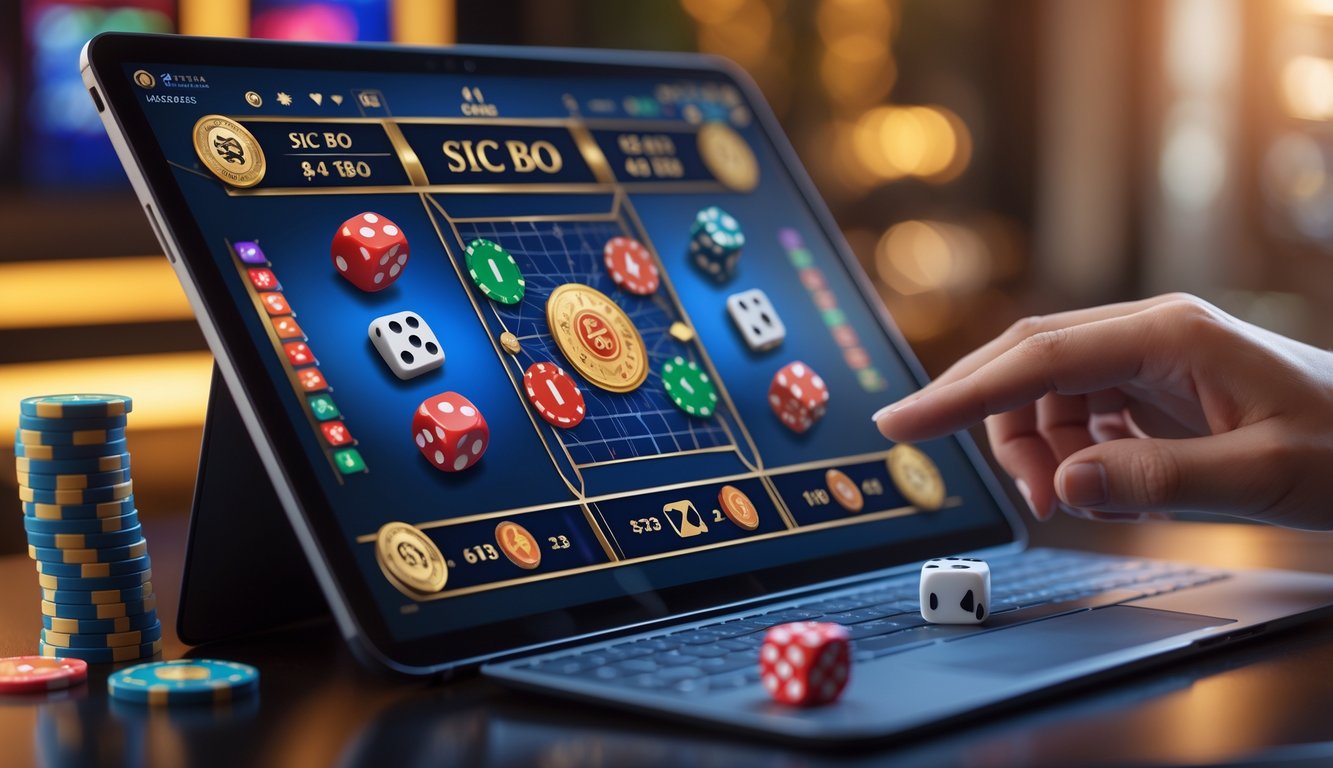 Layar komputer menampilkan permainan Sic Bo dengan dadu berwarna dan chip taruhan dalam suasana kasino online.