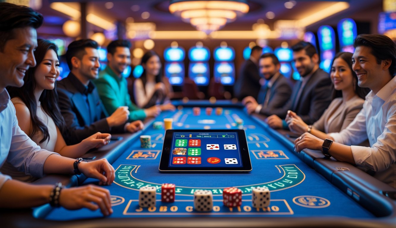 Orang-orang bermain Sic Bo online di meja kasino dengan perangkat digital, suasana kasino yang ramai dan cerah.