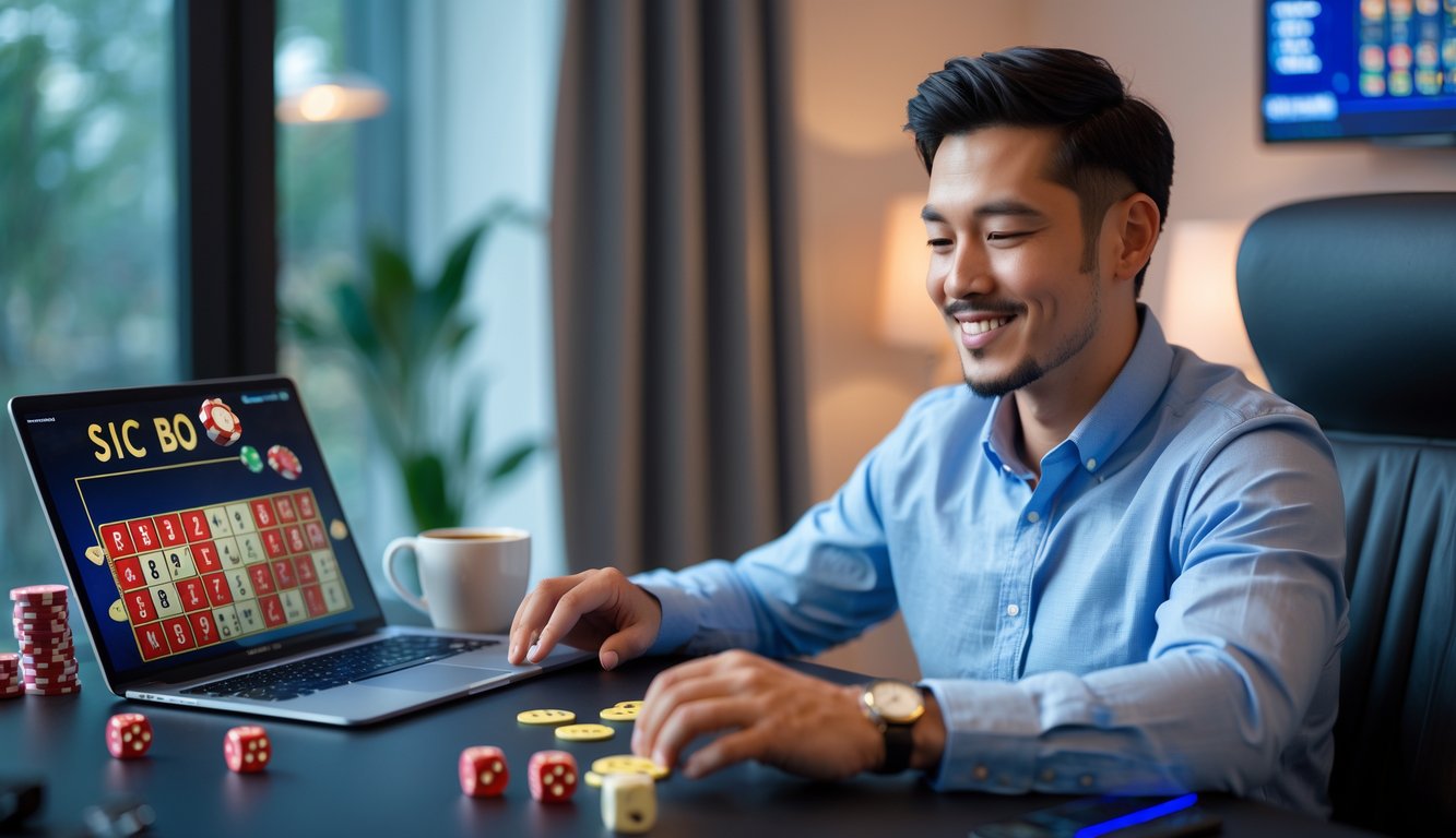 Seorang pria duduk di depan laptop bermain Sic Bo di kasino online dengan suasana ruang kerja yang nyaman.