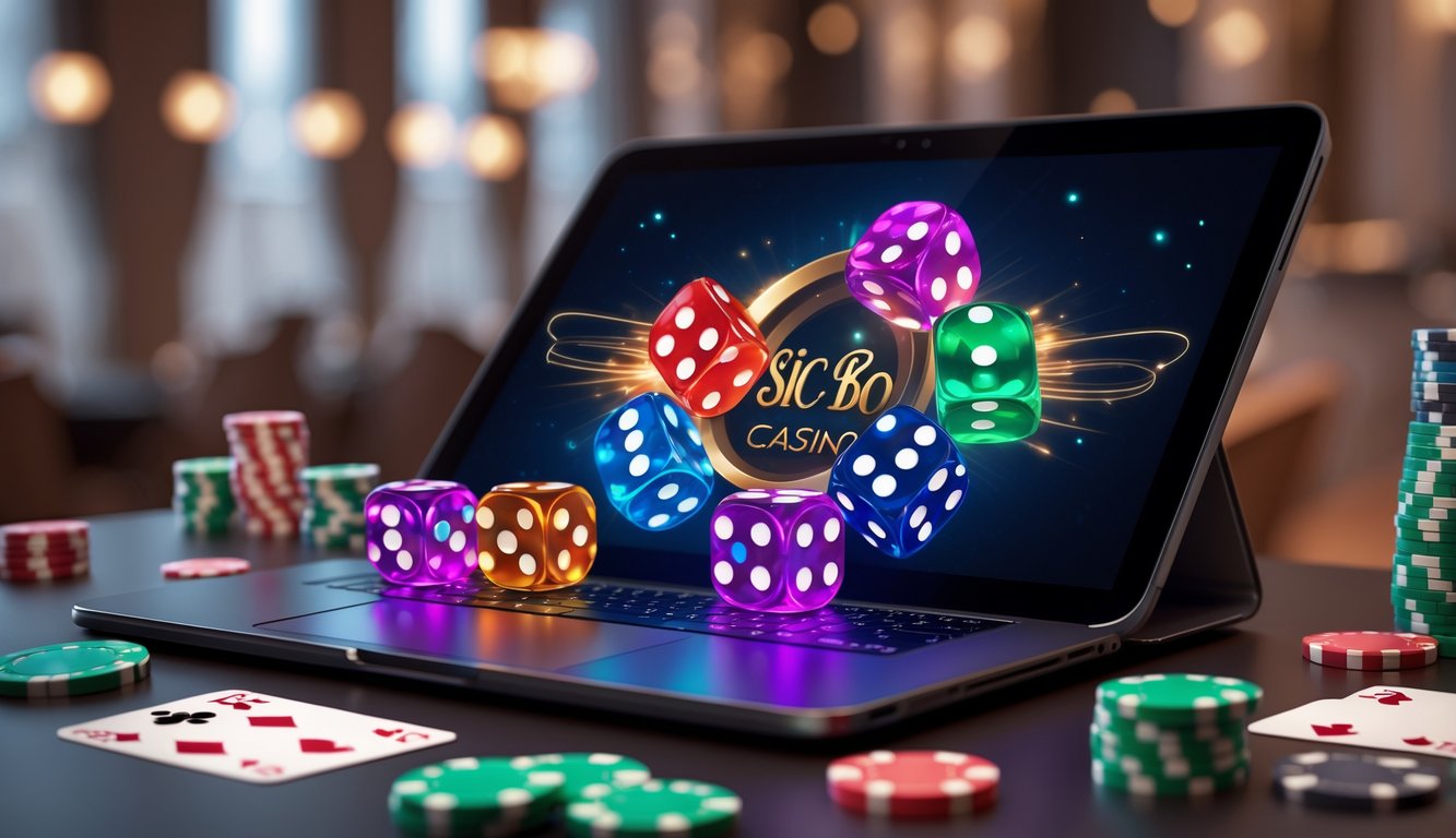 Layar perangkat digital menampilkan permainan Sic Bo dengan dadu berwarna-warni dan suasana kasino yang mewah.