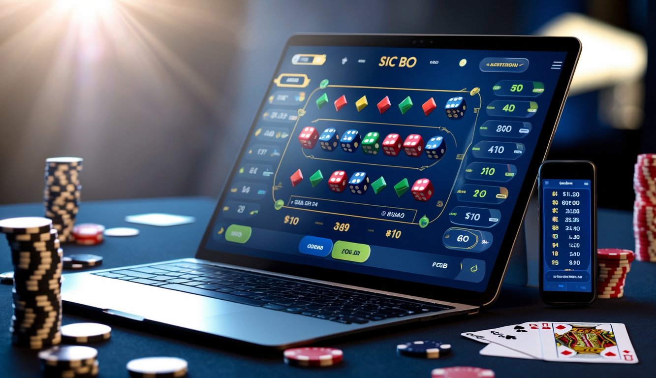 Sebuah laptop menampilkan permainan Sic Bo online dengan dadu berwarna cerah dan chip poker di sekitarnya.