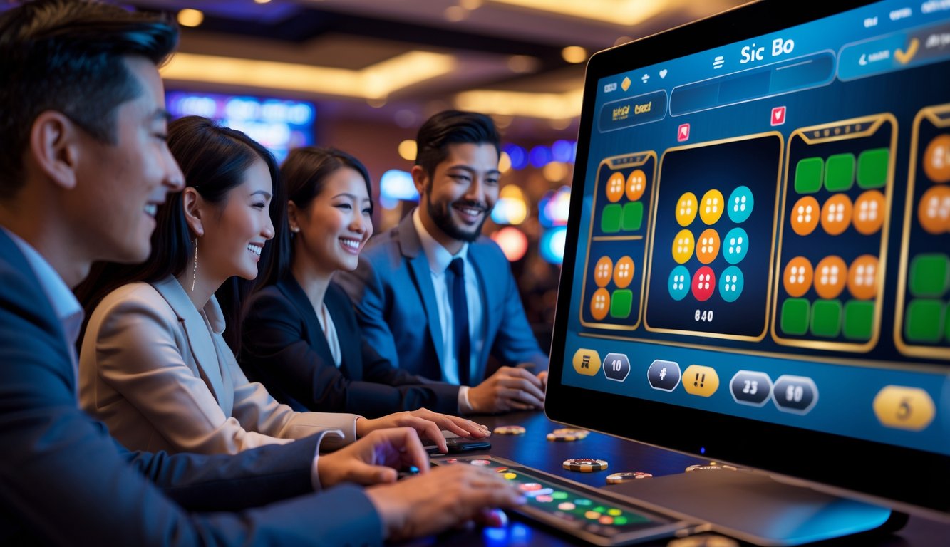 Orang-orang bermain permainan Sic Bo secara online di kasino dengan layar digital dan dadu berwarna-warni.