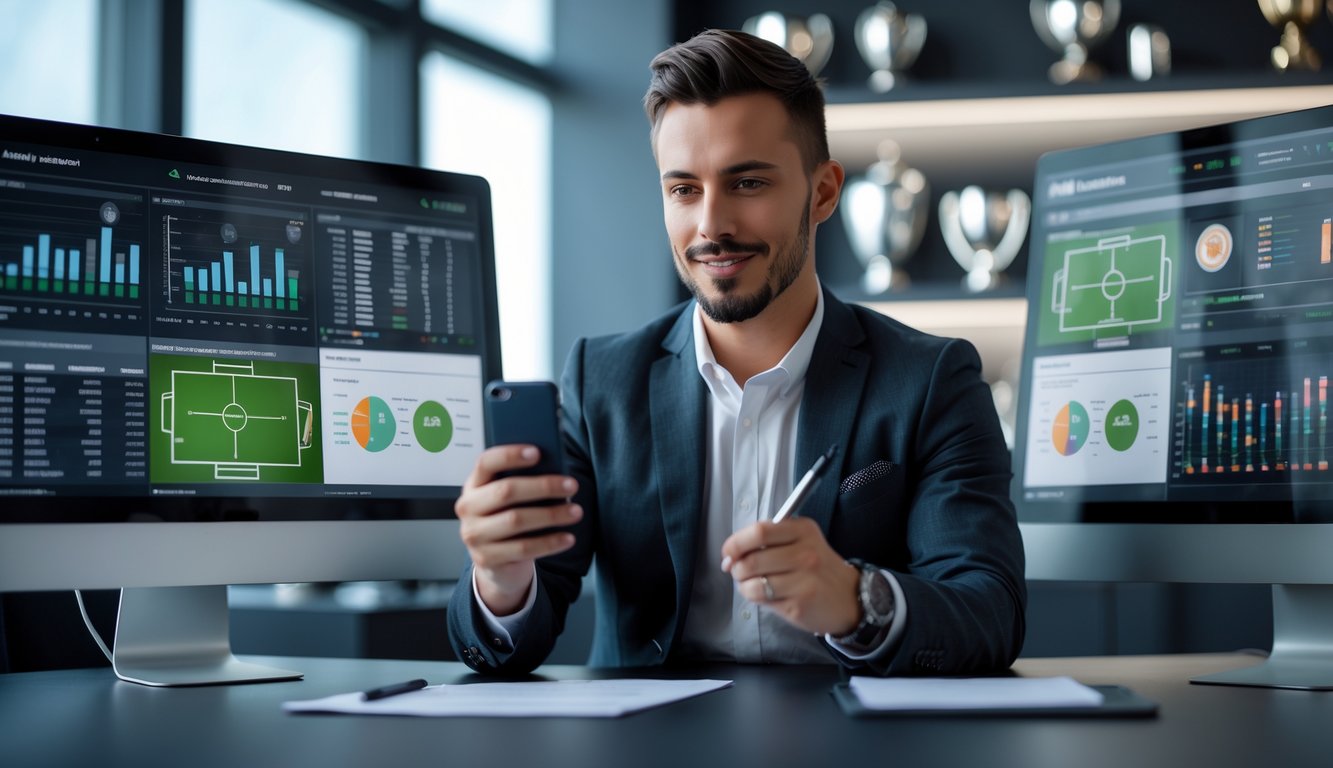 Seorang pria fokus menganalisis statistik pertandingan sepak bola di depan beberapa layar digital dalam ruangan modern.