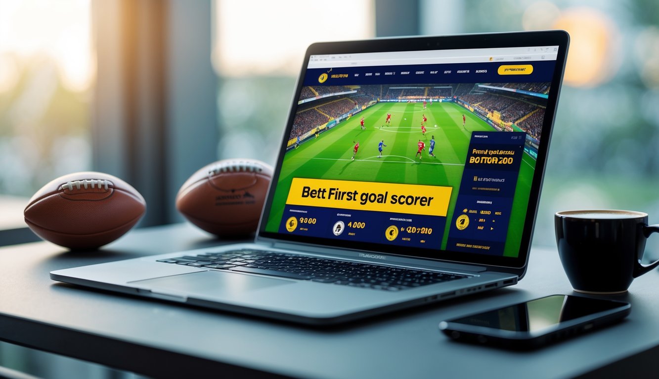 Seorang pengguna melihat layar laptop yang menampilkan situs taruhan sepak bola online dengan fokus pada taruhan pencetak gol pertama, dikelilingi oleh bola sepak dan ponsel di atas meja.