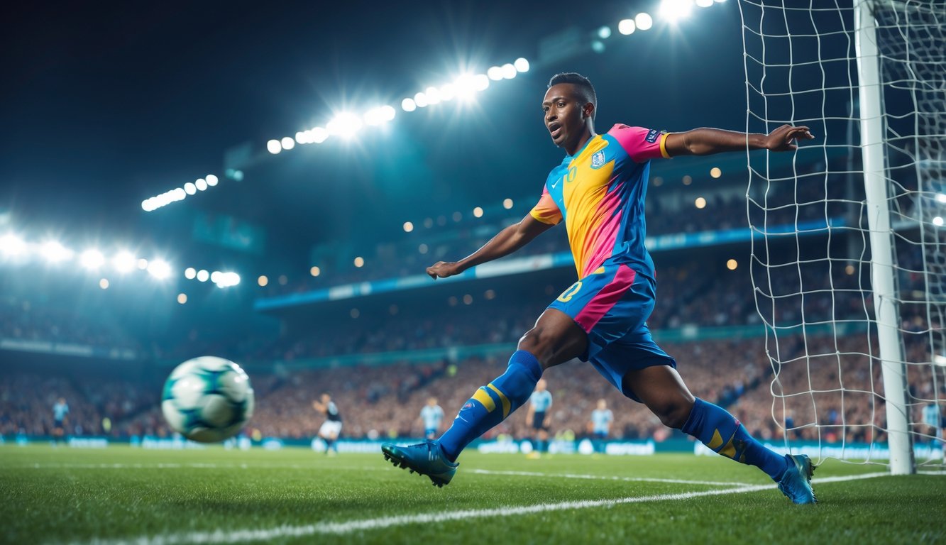 Seorang pemain sepak bola sedang mencetak gol pertama di stadion yang penuh penonton.