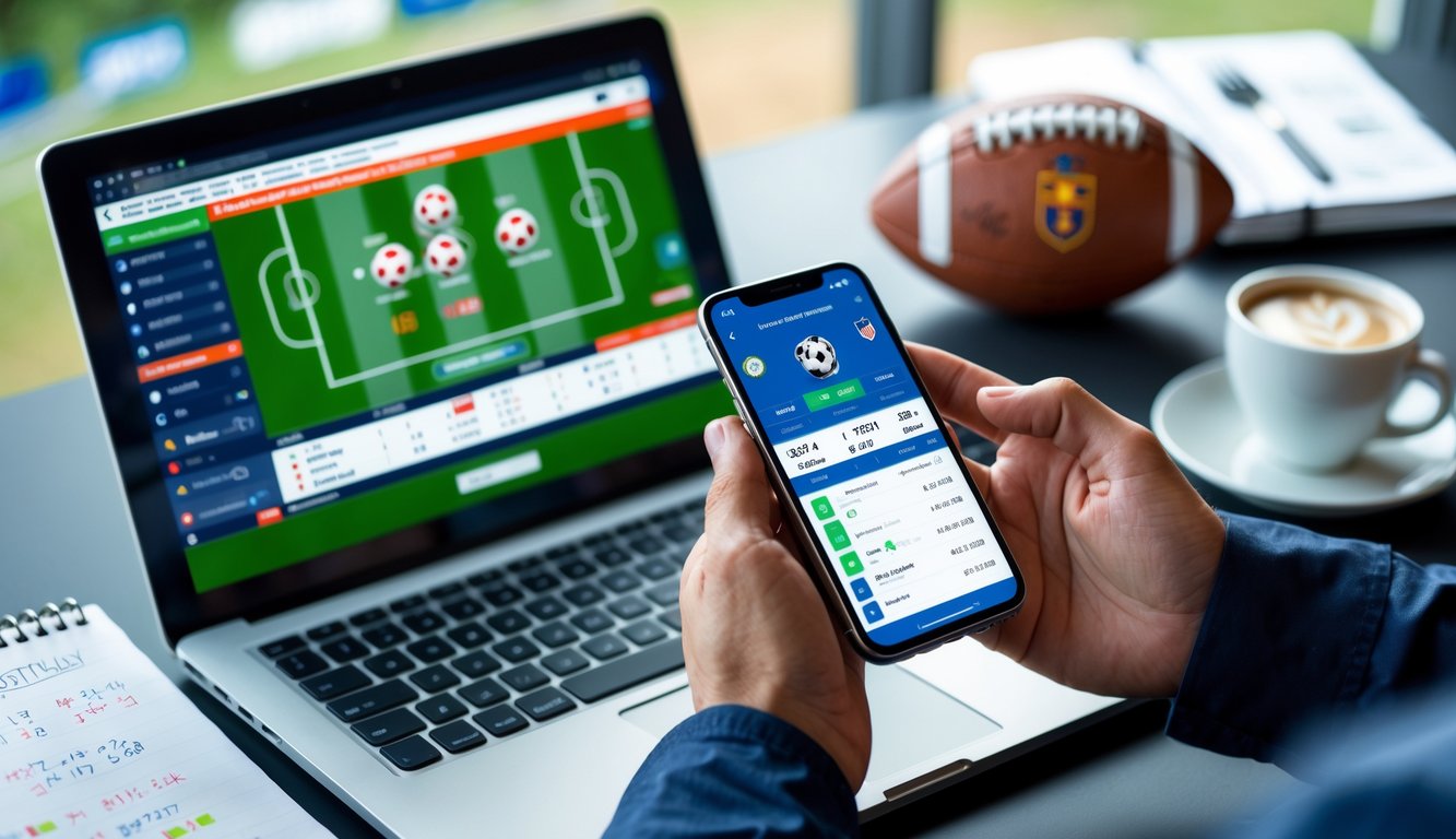 Seseorang menggunakan laptop dan ponsel untuk melihat statistik dan peluang pemain sepak bola dalam suasana kerja yang profesional.