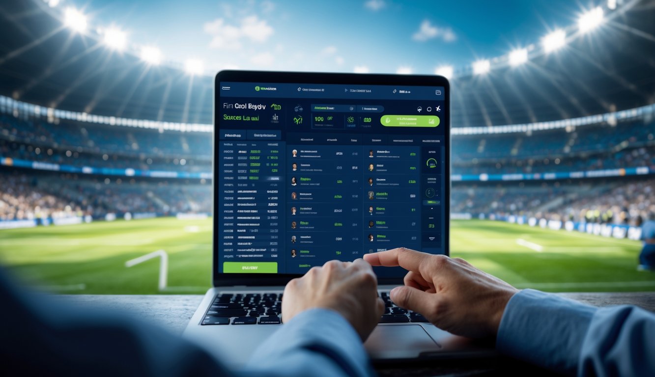 Seseorang menggunakan perangkat digital untuk memilih pemain pencetak gol pertama dalam pertandingan sepak bola di latar belakang stadion yang terang dan ramai.