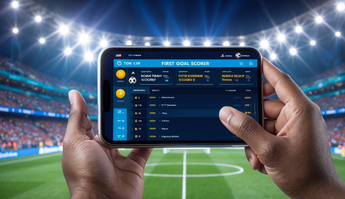 Seseorang menggunakan perangkat digital untuk memasang taruhan langsung pencetak gol pertama dalam pertandingan sepak bola di stadion yang ramai.