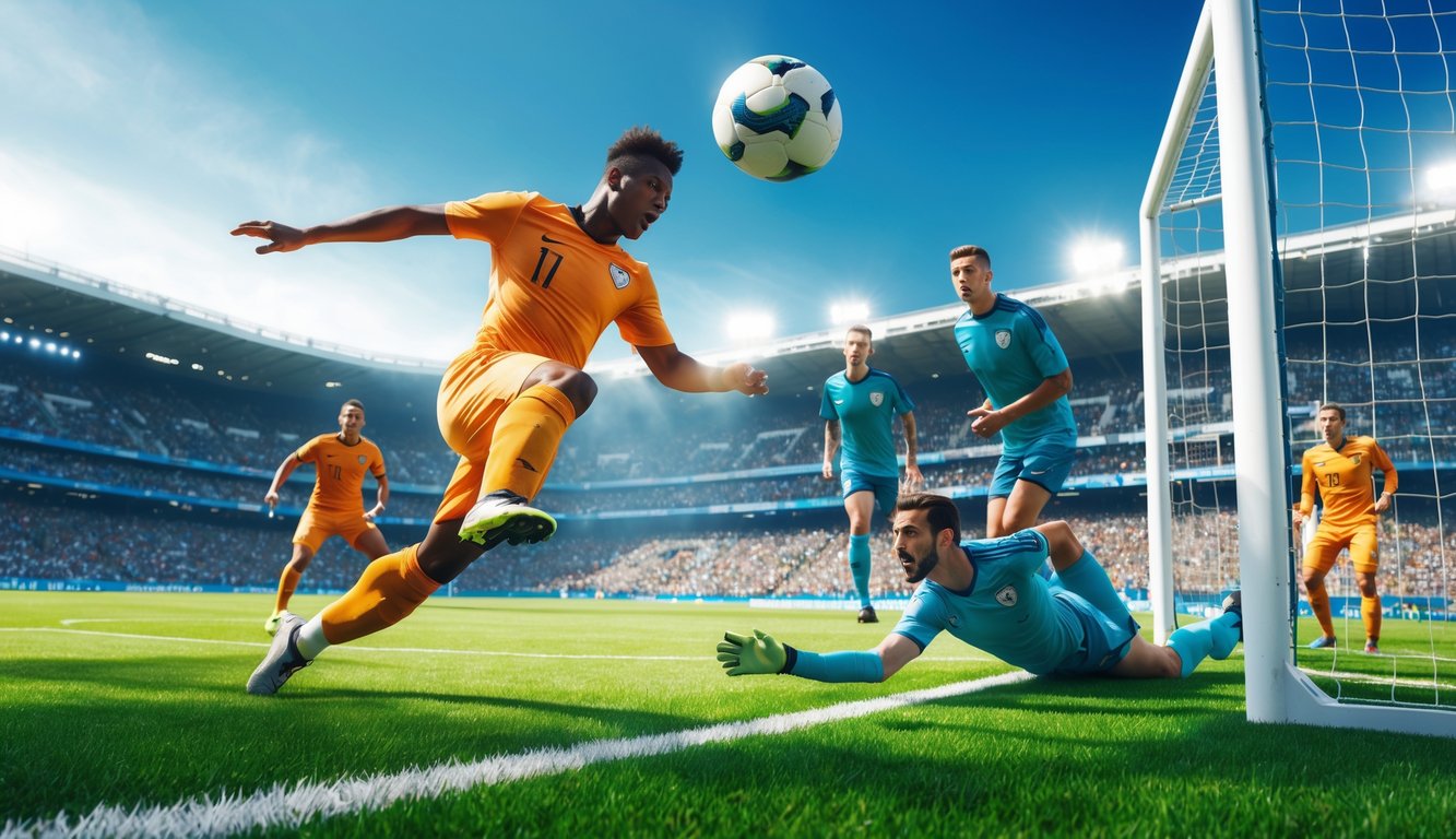 Seorang pemain sepak bola pria sedang menendang bola menuju gawang di stadion penuh penonton.