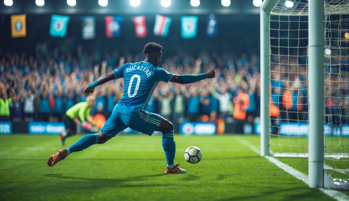 Seorang pemain sepak bola sedang menendang bola menuju gawang saat kiper mencoba menyelamatkan, dengan penonton bersorak di latar belakang.