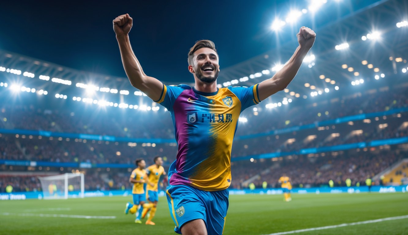 Seorang pemain sepak bola pria merayakan gol pertama di lapangan dengan penonton di latar belakang.