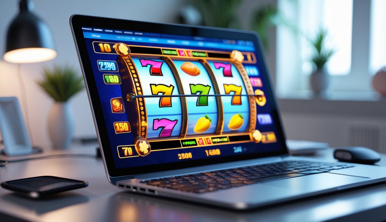 Sebuah komputer menampilkan permainan mesin slot 3D yang berwarna-warni di meja kerja yang rapi dan terang.