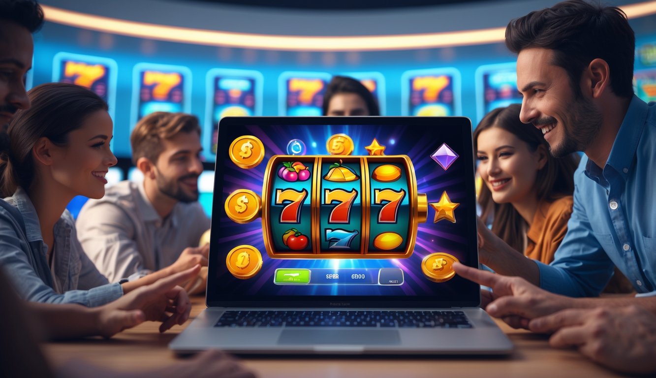 Orang-orang sedang bermain mesin slot 3D online di depan layar komputer dalam suasana yang cerah dan modern.