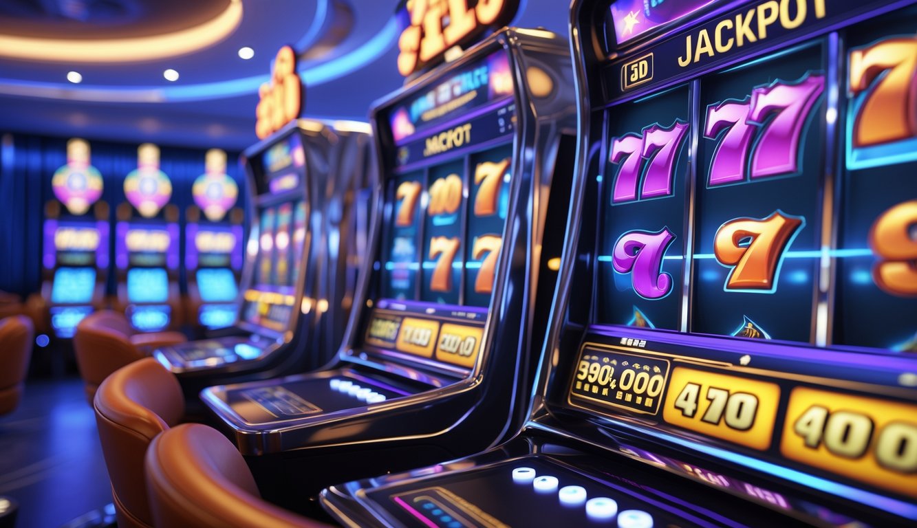 Suasana kasino online modern dengan mesin slot 3D yang menampilkan jackpot besar dan grafik warna-warni.