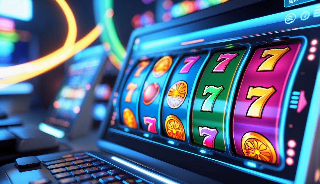 Layar perangkat menampilkan mesin slot 3D yang berputar dengan simbol warna-warni dan latar belakang yang menunjukkan kecepatan pembayaran.