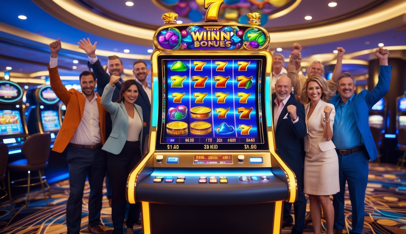 Orang-orang sedang merayakan kemenangan di mesin slot 3D di dalam kasino yang terang dan modern.