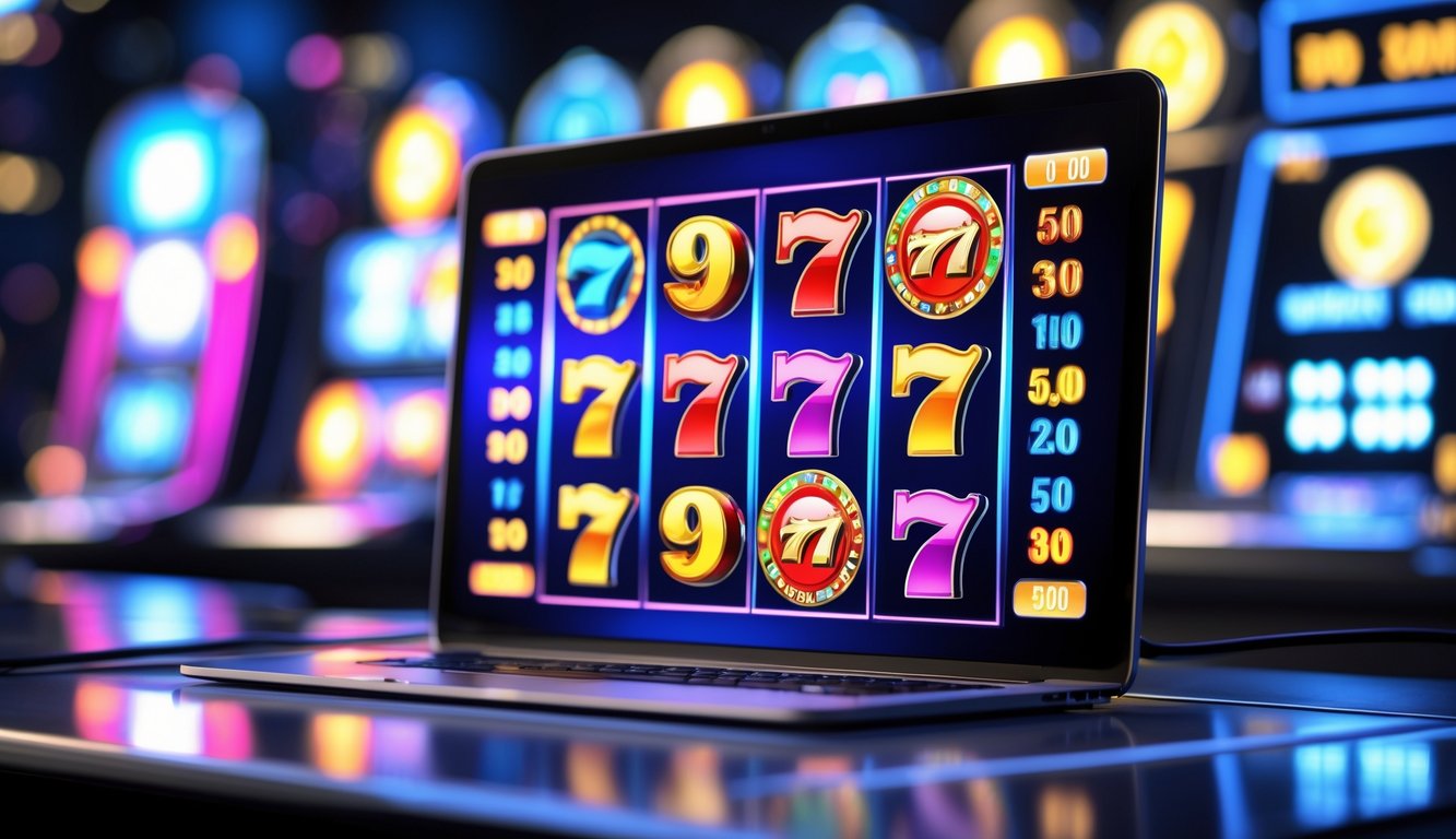 Tampilan mesin slot 3D online dengan simbol berwarna-warni di layar komputer dalam suasana kasino online yang modern.