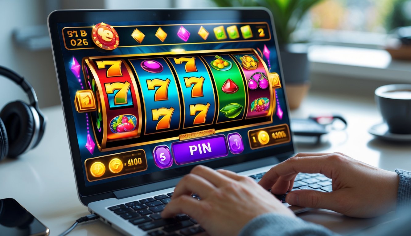 Seseorang bermain permainan slot 3D online di depan layar komputer dengan latar ruangan modern.