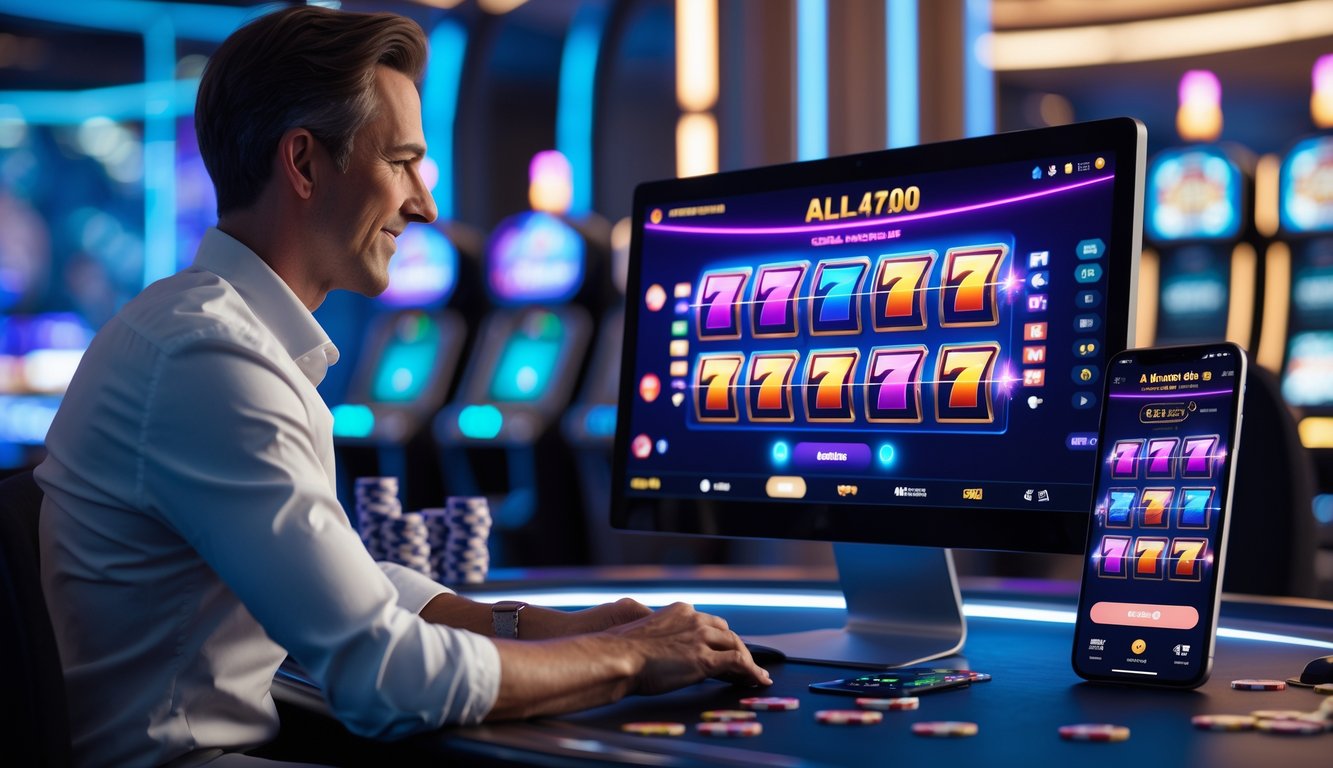 Seorang pemain dewasa menggunakan komputer dan ponsel untuk bermain mesin slot 3D secara online di lingkungan kasino modern.