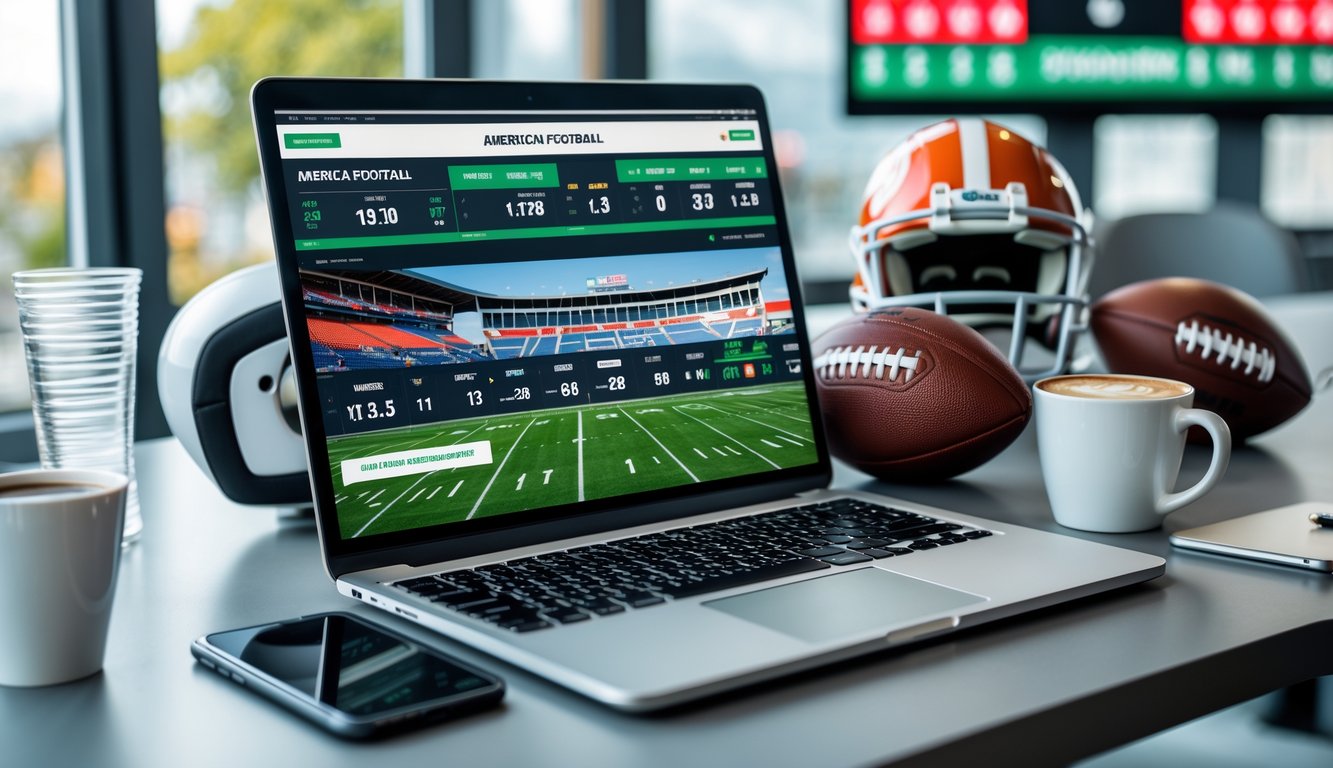 Seorang pria menggunakan laptop di meja kerja dengan peralatan sepak bola Amerika di sekitarnya.