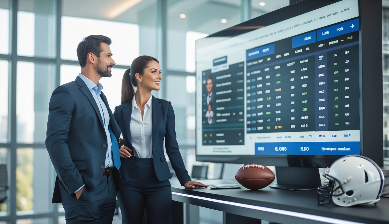 Seorang pria dan wanita berdiri di kantor modern melihat layar digital yang menampilkan statistik dan data sepak bola Amerika.