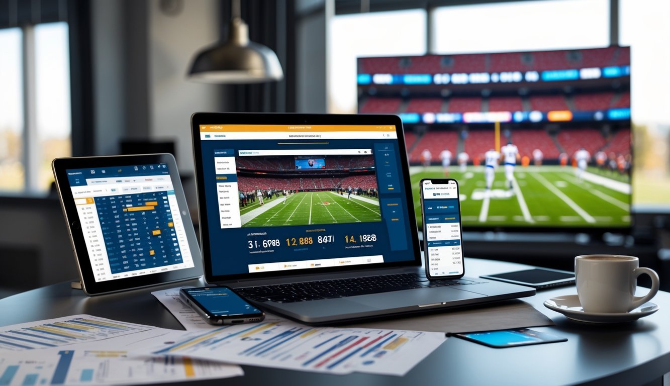 Meja kerja dengan perangkat digital yang menampilkan statistik dan prediksi taruhan American football, serta layar besar yang menampilkan pertandingan American football yang sedang berlangsung.