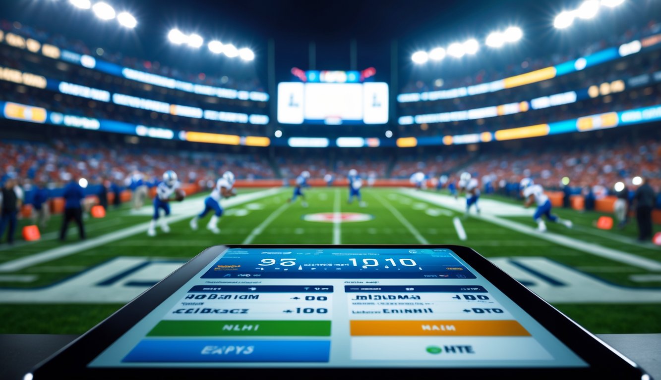 Layar perangkat dengan tampilan taruhan American football berodds tinggi dengan latar belakang stadion penuh penonton dan pemain yang sedang bertanding.