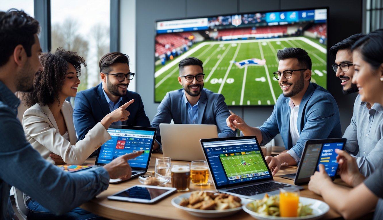 Sekelompok orang berkumpul di sekitar meja dengan perangkat elektronik menonton pertandingan American football dan berdiskusi.