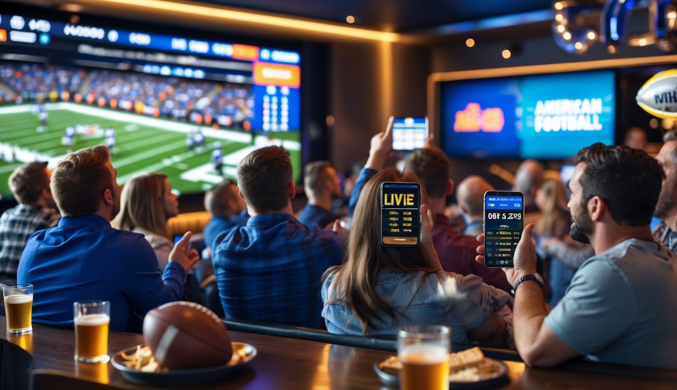 Sekelompok penggemar sepak bola Amerika sedang menonton pertandingan langsung di sebuah bar dengan suasana ramai dan antusiasme tinggi.