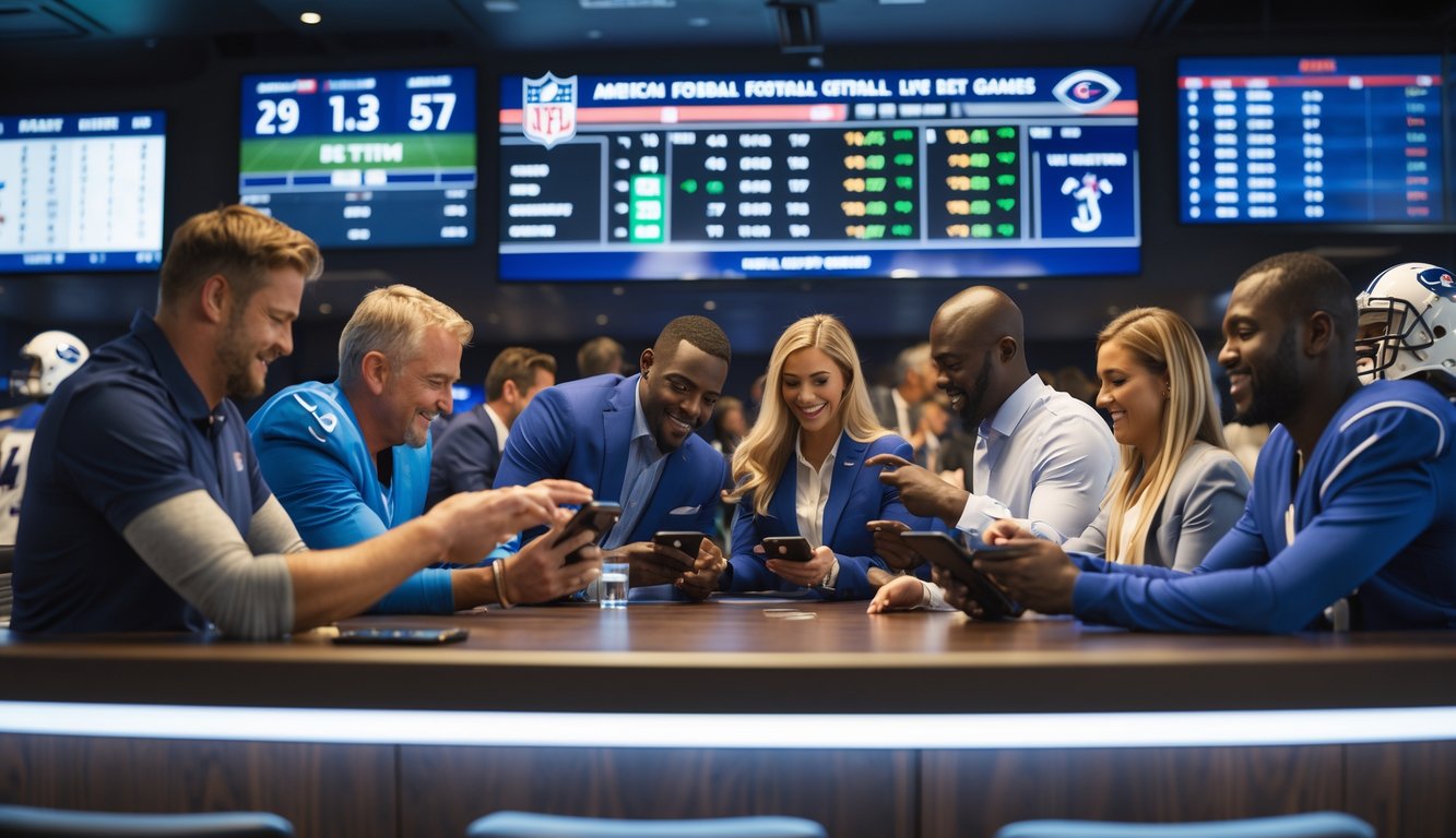 Orang-orang sedang bertaruh pada pertandingan American football di sebuah tempat taruhan yang modern dan ramai.