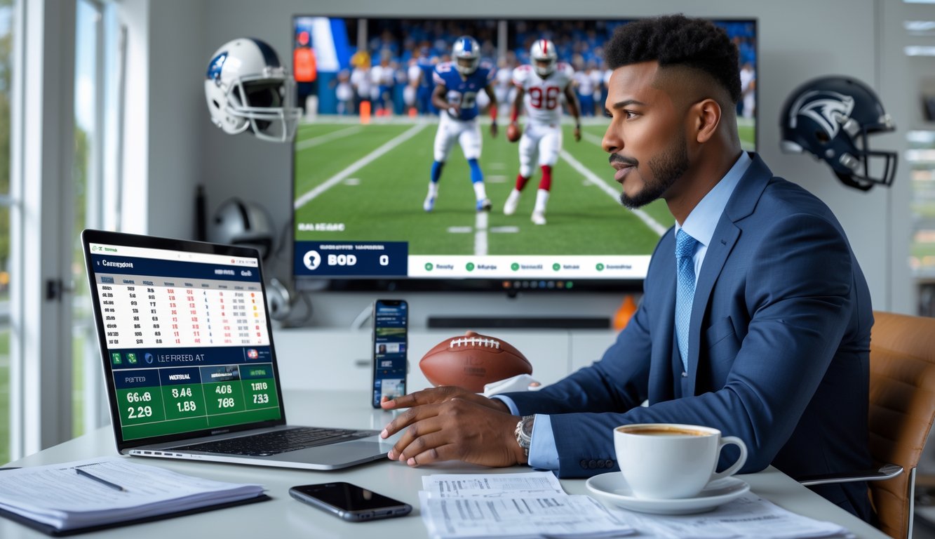 Seorang pria duduk di meja dengan laptop yang menampilkan statistik sepak bola Amerika, di belakangnya televisi menayangkan pertandingan sepak bola Amerika.