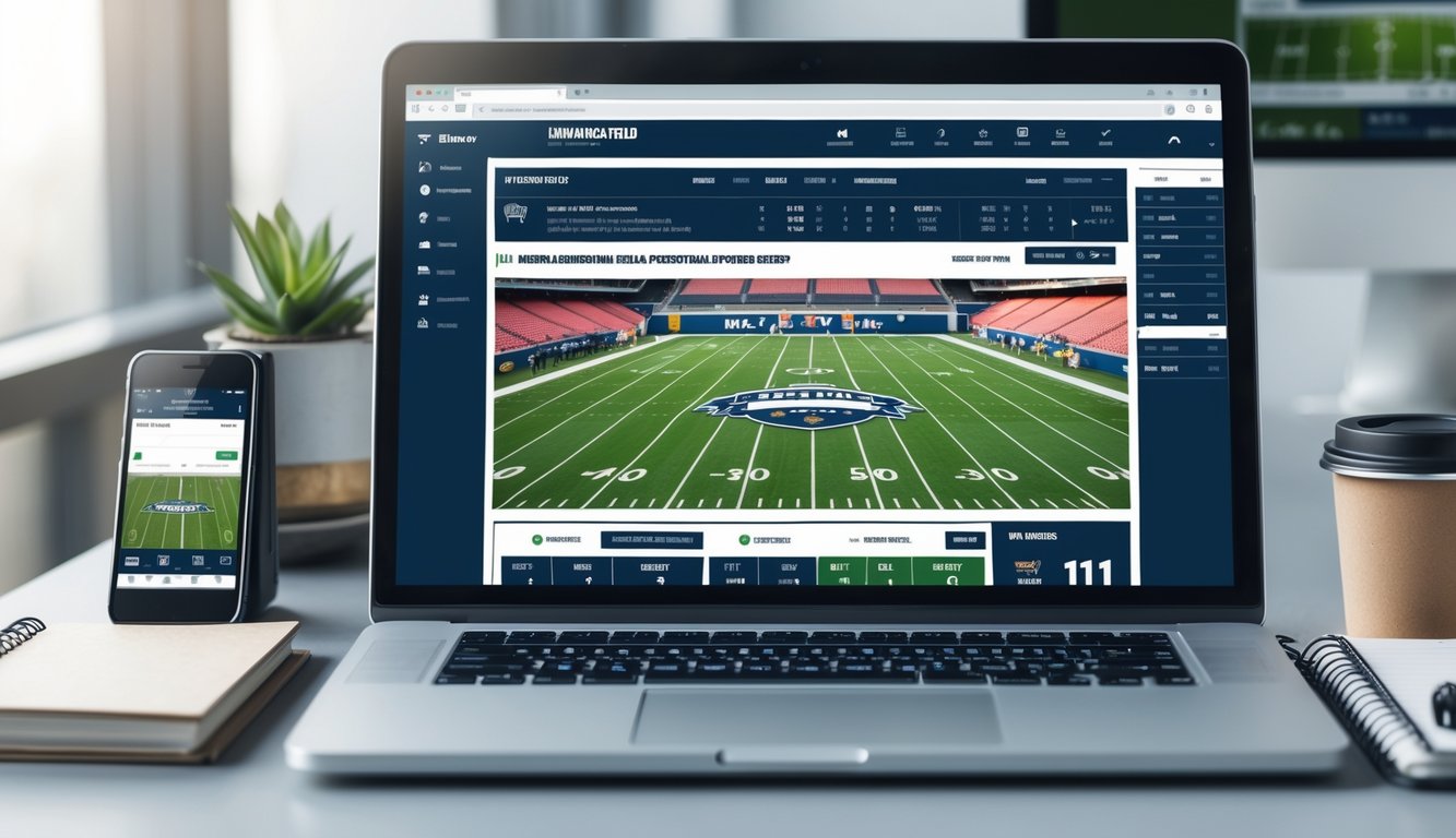 Seorang pria menggunakan komputer dengan tampilan antarmuka taruhan American football online di layar, di meja kerja dengan smartphone dan cangkir kopi.