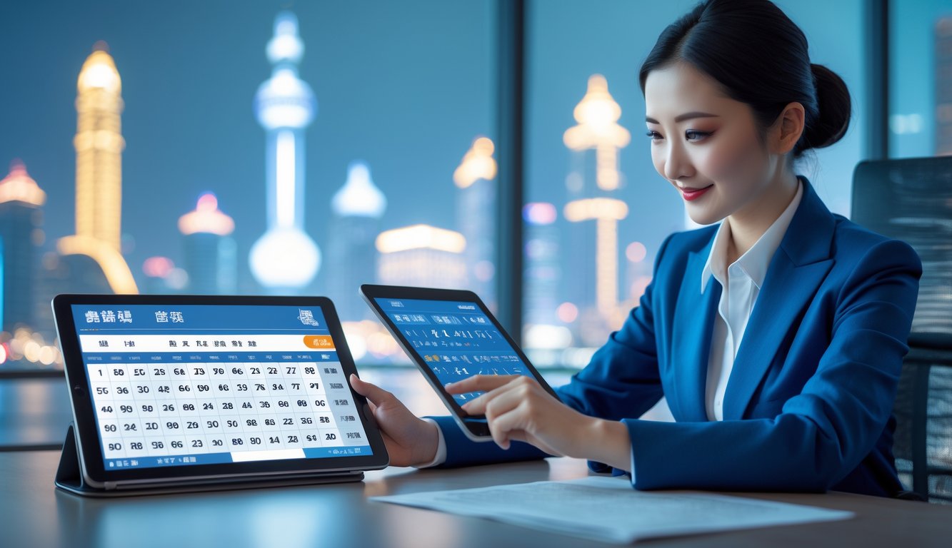 Seorang profesional di kantor modern sedang menggunakan tablet dengan latar belakang pemandangan kota Macau.