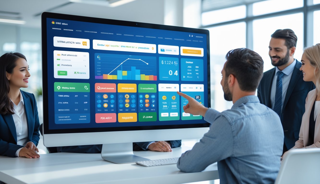 Orang-orang di kantor modern sedang melihat layar komputer yang menampilkan platform lotere online dengan antarmuka digital yang berwarna-warni.