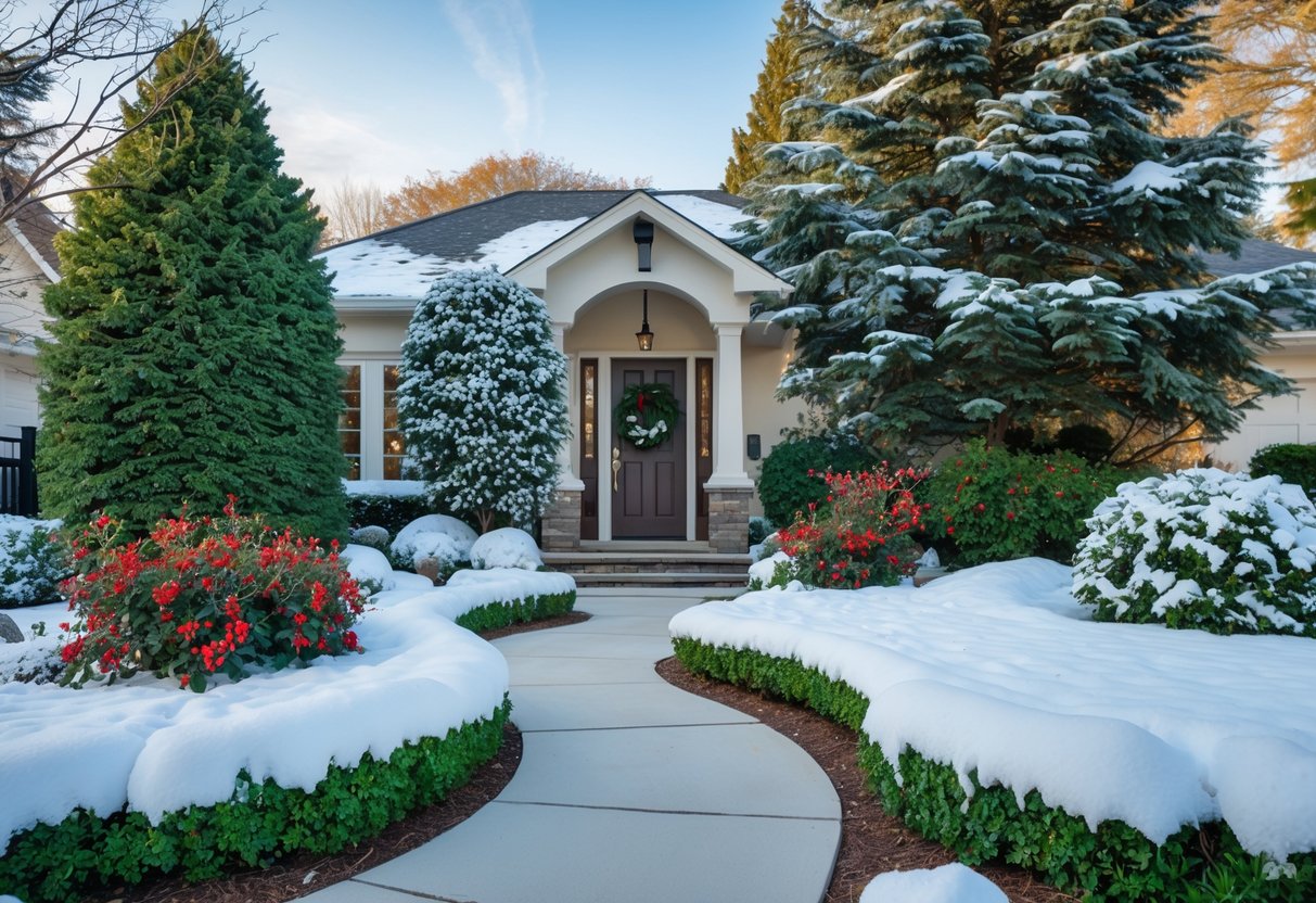 A residential front yard with snow-covered evergreen shrubs, trimmed hedges, and a stone pathway leading to a front door decorated for winter.