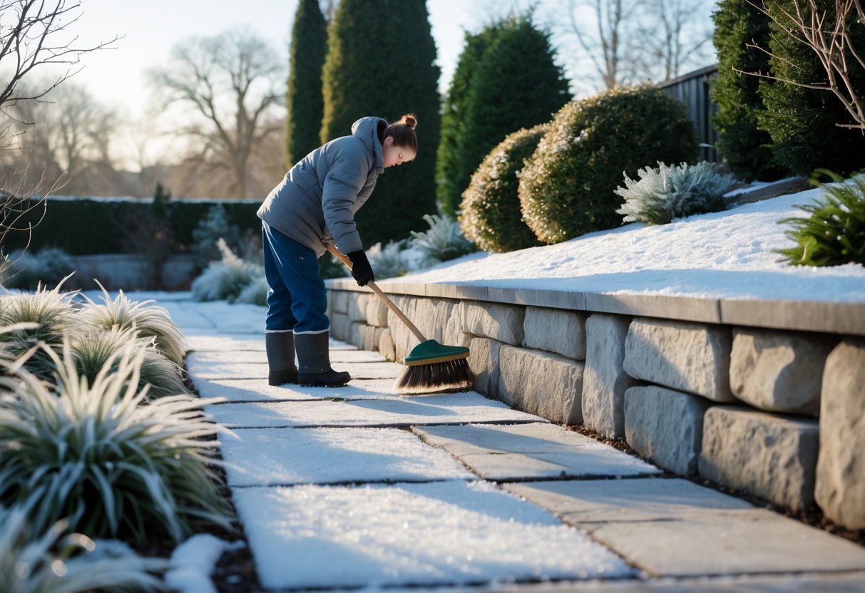 A gardener brushing snow off a stone pathway and retaining wall in a winter garden with leafless shrubs and evergreen bushes.