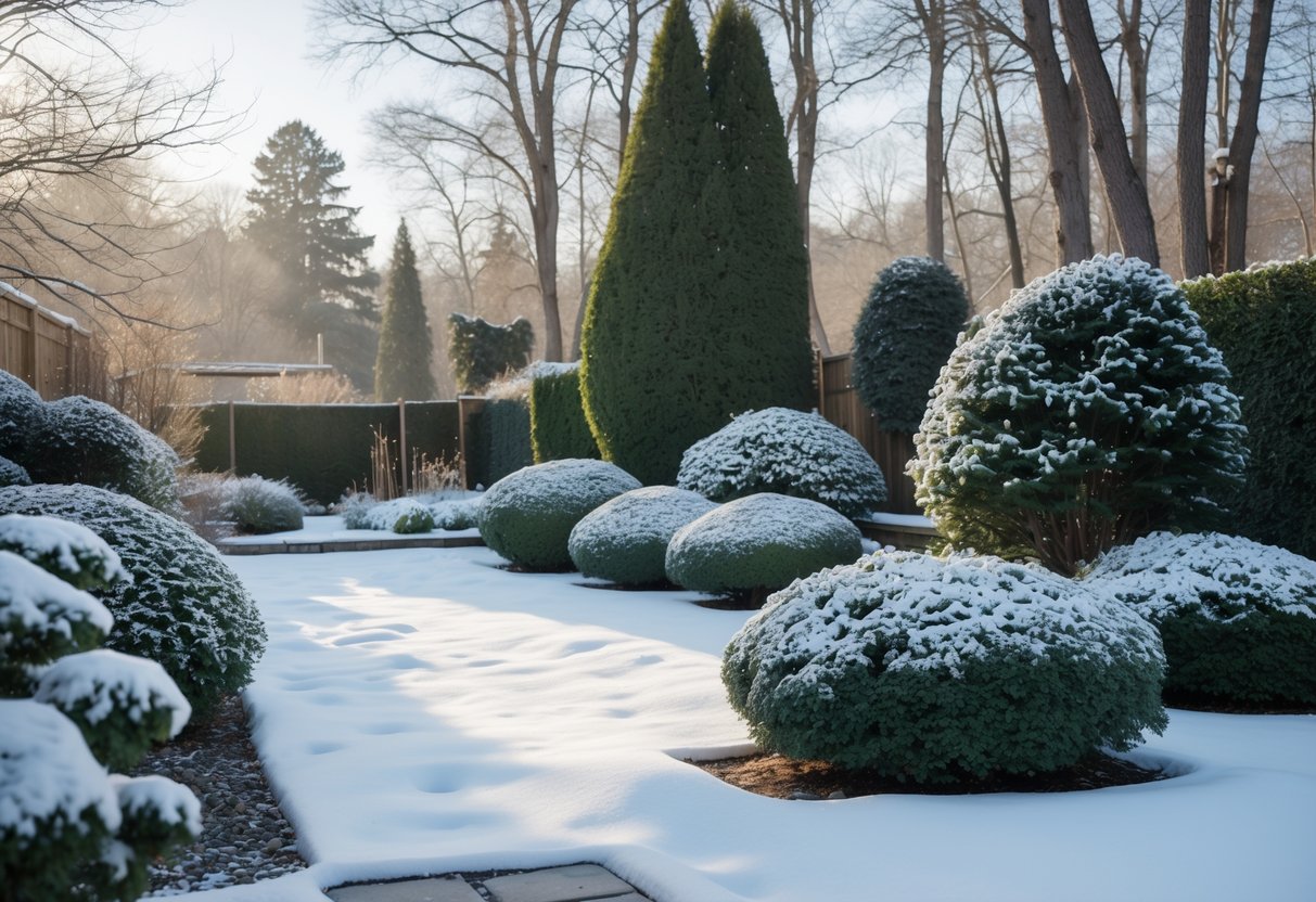 A snow-covered garden with evergreen shrubs, trees, and a stone pathway in a winter landscape.
