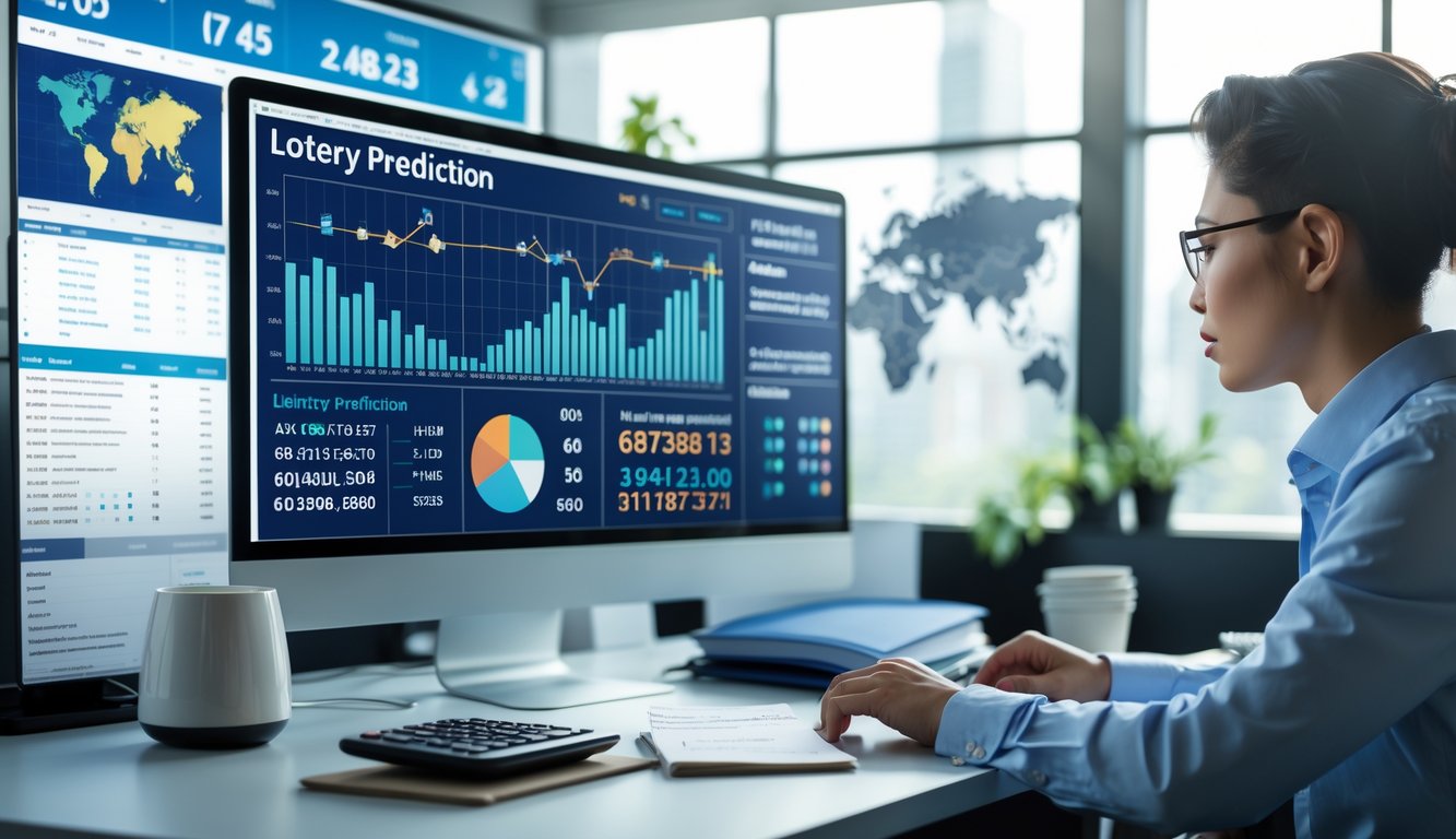 Seorang profesional sedang menganalisis data lotre di depan komputer di ruang kerja yang rapi dan terang.