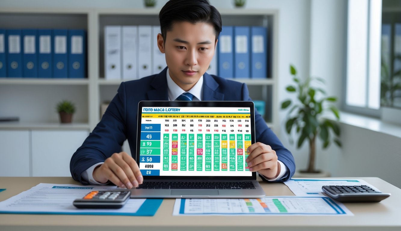 Seseorang sedang bermain Toto Macau 4D di sebuah kantor agen terpercaya dengan laptop dan dokumen di meja.