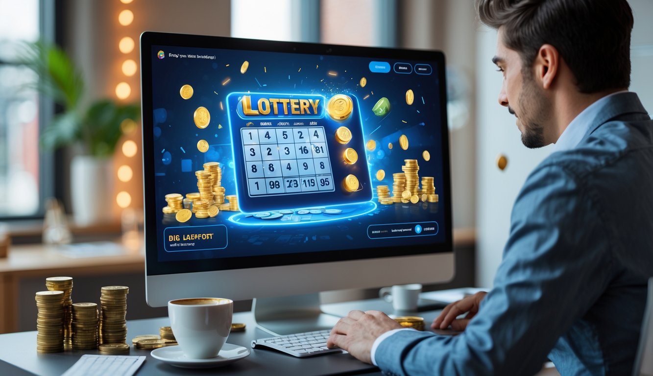 Seseorang menggunakan komputer dengan tampilan tiket lotere digital dan elemen kemenangan jackpot di layar.