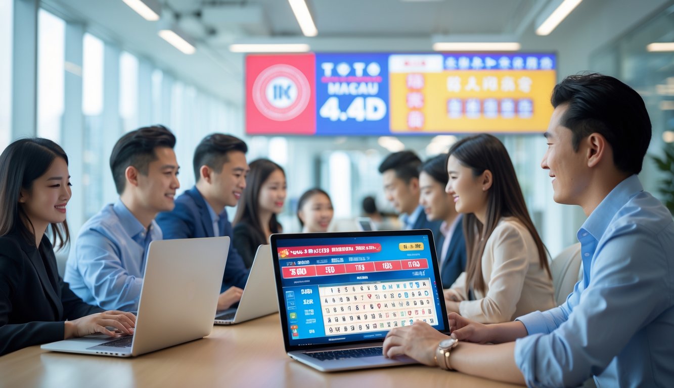 Beberapa orang menggunakan perangkat digital untuk memilih nomor dalam permainan togel secara online di sebuah kantor modern.