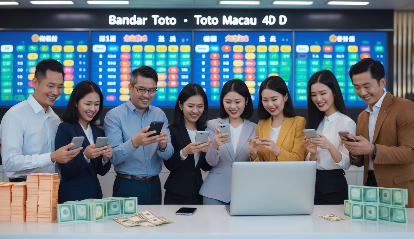 Orang-orang di ruang modern memeriksa hasil lotere dan melakukan pembayaran dengan cepat menggunakan perangkat digital.