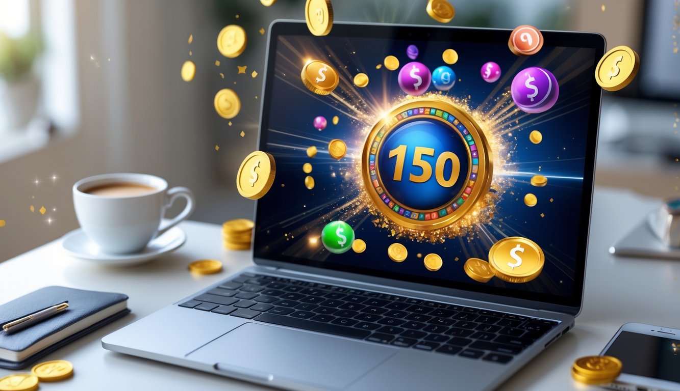 Sebuah laptop di meja kerja menampilkan layar platform lotere online dengan koin emas dan bola lotere berwarna-warni di sekitarnya.