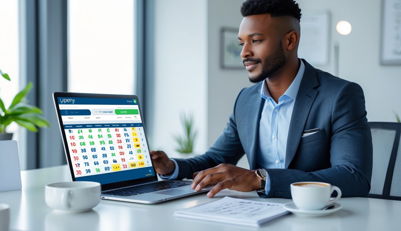 Seorang pria duduk di meja modern menggunakan laptop dengan tampilan angka lotre dan grafik, di ruang kantor terang dengan jendela besar.