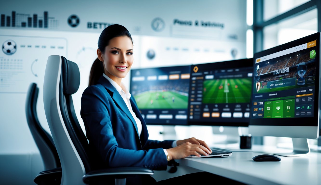 Seorang profesional duduk di meja dengan beberapa monitor komputer yang menampilkan antarmuka taruhan olahraga online dan acara olahraga langsung.
