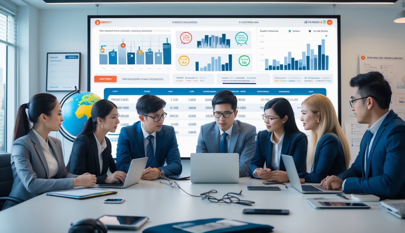 Sekelompok profesional muda sedang berdiskusi di kantor modern dengan layar digital besar menampilkan data taruhan online.