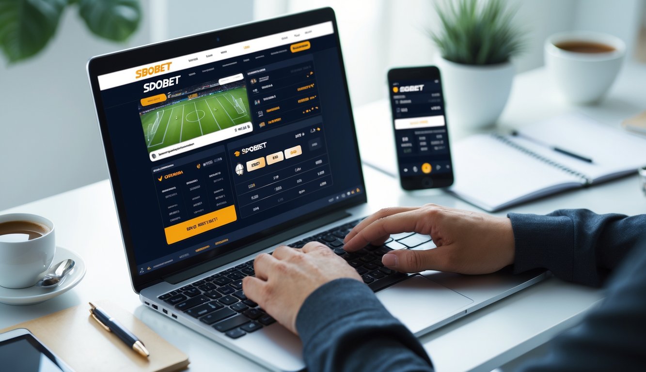 Seorang pria menggunakan laptop di meja kerja dengan tampilan situs taruhan olahraga online, dikelilingi oleh kopi, ponsel, dan alat tulis.